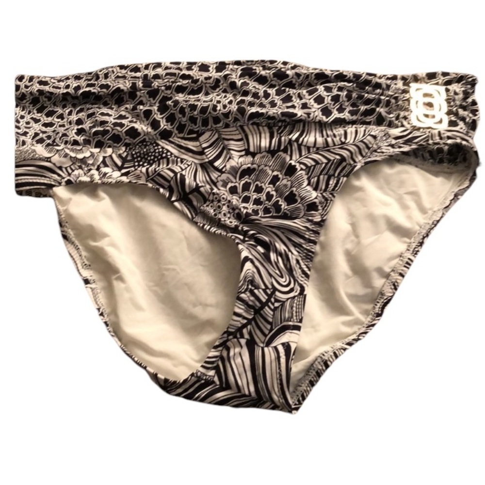 Trina Turk size 14 black & White floral print bikini bottom gold detail